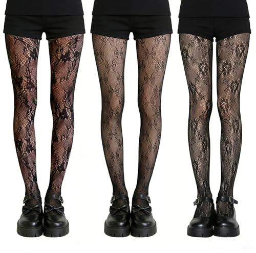 Benaewa 3 Pcs Patterned Tights for Women, Black Lace Tights for Cosplay, Parties