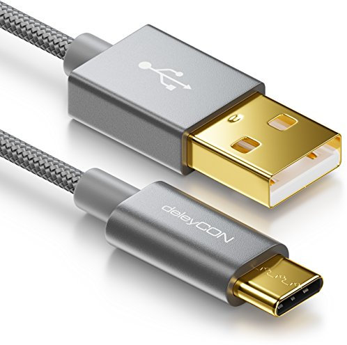 deleyCON 1m USB-C Kabel - Ladekabel Datenkabel - Nylon + Metallstecker - USB C auf USB A - Kompatibel mit Apple Samsung Google Huawei Xiaomi Tablet Laptop PC - Grau
