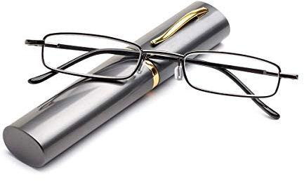 Läsglasögon av metall, flexibla glasögon, synhjälp, med fjäder och gångjärn, läshjälp, unisex, inklusive glasögonfodral med klämma