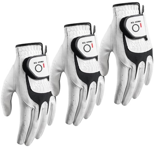 FINGER TEN Premium Cabretta Leather Golf Gloves Men 3 Pack for Right Left Handed Golfer, Comfortable Glove with All Weather Grip for Left Right Hand Size S M ML L XL (White-3 Pack, X-Large, Left)