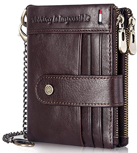 gzcz Mens Wallet RFID Blocking Soft Genuine Leather Gents Wallet with Chain, Double Zipper Men Leather Wallets with Coin Pocket Slim Purse Mens Bifold Wallets