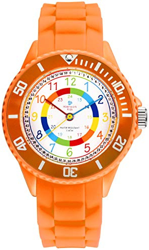 Alienwork Kids Montre Pédagogique Apprendre l'Heure Enfants Fille Orange Bracelet en Silicone Multicolore Enfants Résistant à l'eau 5 ATM Temps d'apprentissage