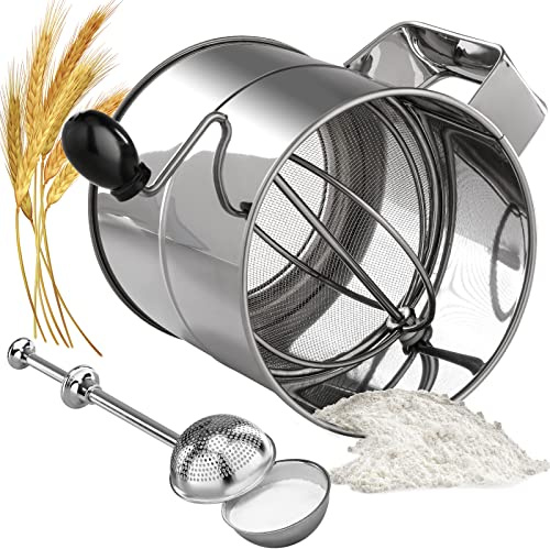 PIQUEBAR Flour Sifter - 8 Cup Fine Mesh Hand Crank Sifter Stainless Steel with Agitator Wire Loop for Baking, Powdered Sugar Duster Set