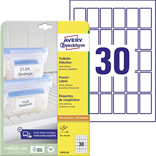 AVERY Zweckform L7975-25 Tiefkühletiketten (750 Aufkleber, 30x50mm auf A4, selbstklebend, temperaturbeständige und tiefkühlfeste Klebeetiketten für Gefriergut, bedruckbar) 25 Blatt, weiß