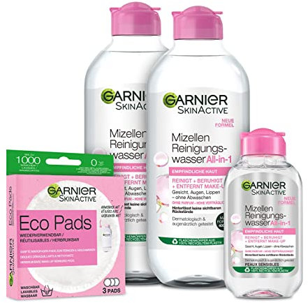 Garnier SkinActive Micellar Set 2x 400ml + 1x Mini 100ml Micellar Cleansing Water + Reusable Eco Pads for Facial Cleansing suitable for Normal and Sensitive Skin