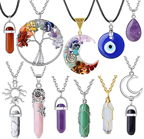 XIANNVXI 11 Pcs Healing Crystal Necklaces for Women Costume Jewellery Women Accessories Crystal Jewellery Gemstone Pendant Ladies Necklace Fashion Accessories Gothic Witchy Gifts