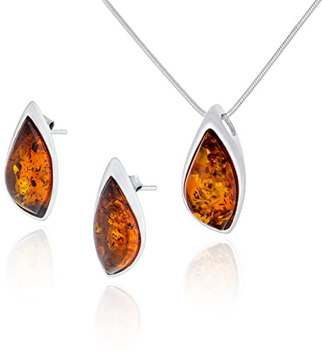 Kleines Damen Schmuck Set Amber 846A, Anhänger mit Kette und Ohrringen, Baltischen Bernstein in Cognacfarbe, Sterling Silber 925, Geschenkidee
