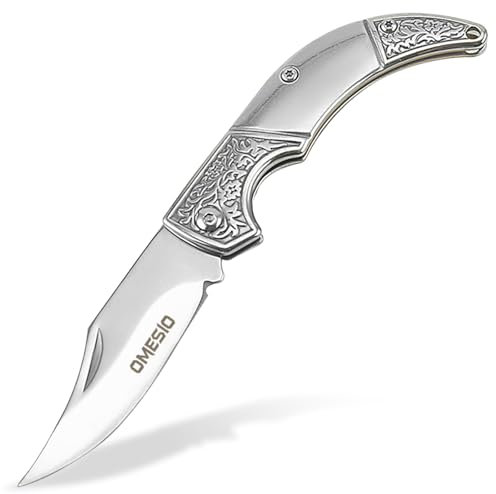 Omesio coltello pieghevole mini 8,5 cm piccolo coltello da tasca a due mani portachiavi coltello a due mani outdoor affilato (argento) ideale per il campeggio e la caccia