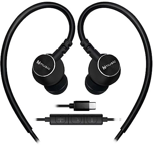 Hmusic Auriculares Deportivos con Cable con micrófono, Auriculares intraurales USB Tipo C con Gancho sobre la Oreja para Deportes, Correr, Entrenamiento, Ejercicio, Gimnasio (Negro)