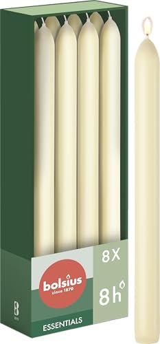 Bolsius Tapered Dinner Candles - Ivory - 8-Pack - 23 cm - Long Burning Time of 8 Hours - Unscented - Includes Natural Vegan Wax - Without Palm Oil