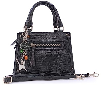 Catwalk Collection Handbags - Damen Umhängetasche Klein - Henkeltasche/Abendtasche - Krokoprägung Leder - Abnehmbarer Schultergurt - Raven - Schwarz