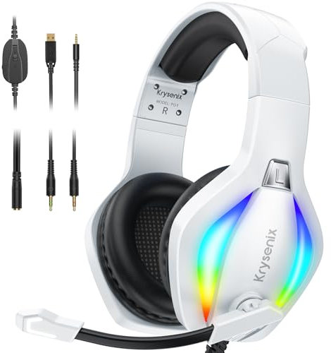 Krysenix PG1 RGB Gaming Headset für PS4, PS5, PC, Nintendo Switch, Xbox, Headset mit Mikrofon, Gaming Kopfhörer mit Mikrofon, Noise Cancelling Kopfhörer mit 3.5mm Klinke Weiß/Schwarz