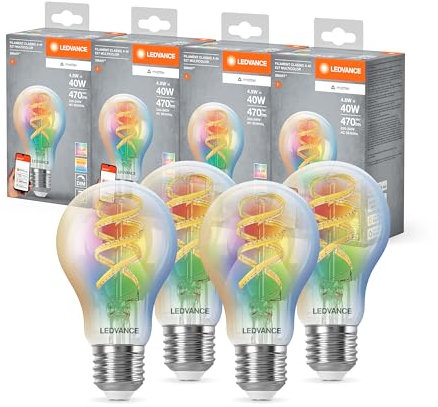 Ledvance SMART+ MATTER LED-Lampe, kompatibel mit Google, Alexa, Apple, Weißglas, 4,8W, 470lm, E27, Farblicht & Weißlicht, App- oder Sprachsteuerung, bis zu 15.000 Std. Lebensdauer, 4-Pack