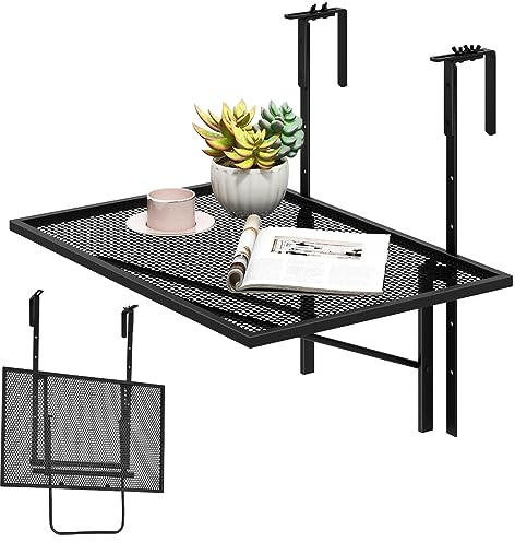 GOPLUS Mesa Plegable Balcón 60x40 cm, Mesa Colgante de Hierro, Altura Ajustable en 5 Niveles, Mesa Auxiliar para Patio Terraza, Carga 20 kg