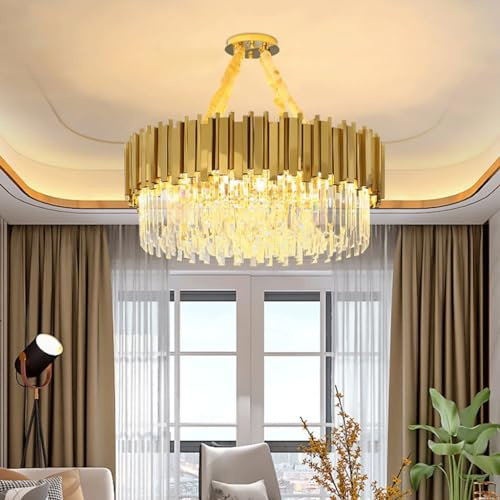 Modern Gulddekorerad Kristallkrona, Cirkulär Kristallkrona, Lyxig Kristallkrona Inbäddad Taklampa Led Guld Rostfritt Stål Hängande Kedja Justerbar, Trefärgad Ljuskälla(Size:40CM)