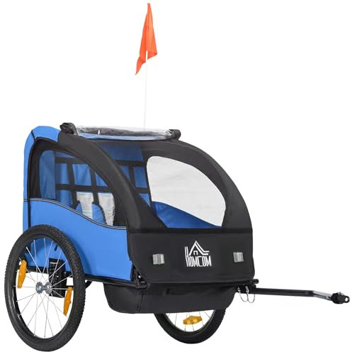 HOMCOM Remolque de Bicicleta para Niños +18 Meses Cochecito para Transporte de 2 Plazas con Cinturón de Seguridad Espacio de Almacenamiento y Sistema de Amortiguador 140x88x90 cm Azul