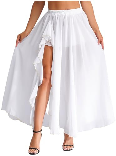 Xnihocha Faldas largas de gasa para danza de mujer, para danza del vientre, falda envolvente, falda de tul, salón de baile, disfraz de carnaval, Blanco, Talla única