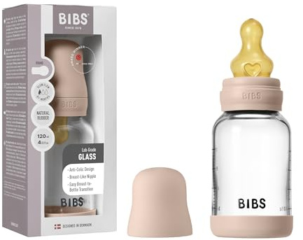 BIBS Baby Glass Bottle. 120ml. Anti-Colic. Vented Round Natural Rubber Latex Teat. Supports Natural Breastfeeding, Slow Flow, Complete Set - 120 ml, Blush