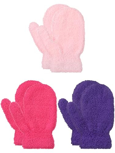 Geyoga 3 Pairs Baby Mittens Winter Toddler Mittens Kids Winter School Gloves Knit Stretch Gloves for Baby Children Boys Girls (4-8 Years,Rose Red, Purple, Light Pink)