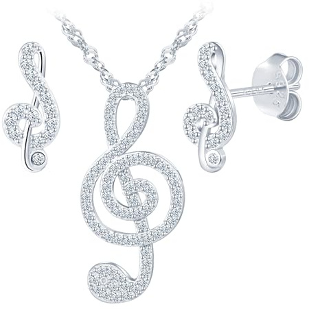 Yumilok Note Musicale Pendentif Collier 925 Sterling Silver Choker Zirconia Note Musicale Stud Boucles d'oreilles pour les ensembles de femmes