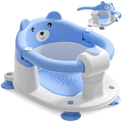 Seggiolino per Vasca da Bagno per Bambini a Partire da 6 Mesi, Seggiolino da Bagno Antiscivolo con 4 Ventose e Cuscino per Neonati, Sedia per Doccia Portatile per Doccia o Vasca da Bagno, Blu
