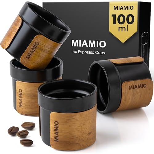 MIAMIO – Set di Tazze da Espresso da 4 (100 ml) Tazze da Tè Giapponese in Ceramica/Tazze Senza Manico con Fascia in Legno Rimovibile/Tazze da Caffè Senza Manico (Nero)