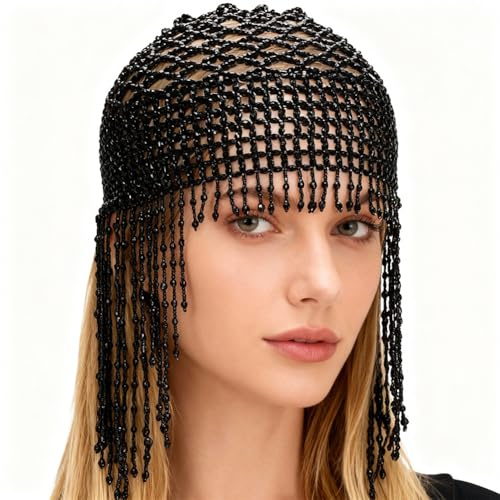 GORGECRAFT 1920s Berretto con Perline Roaring 20s Flapper Copricapo Cleopatra Nappa Strass Berretto Cristallo Sposa Catena Capelli Grande Gatsby Catena Capelli Cappello Danza del Cosplay Halloween