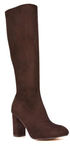 ESSEX GLAM Women's Stretch Knee High Boots Ladies Block Heel Elasticated Calf Brown Faux Suede Long Shoes Size 6