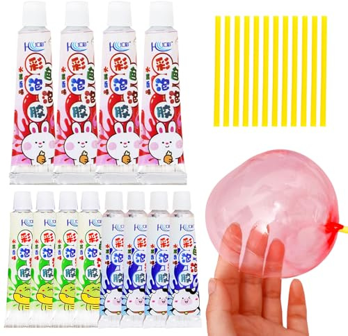 Pegamento Mágico para Burbujas, Set de 12 Globos Elásticos para Niños con Pajitas, Plástico Superelástico para Burbujas