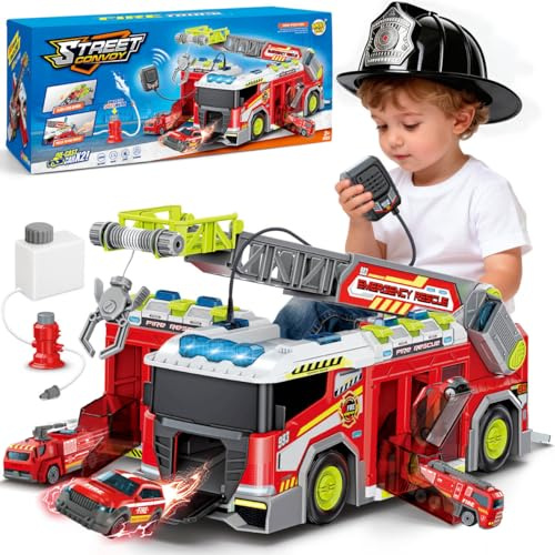 deAO Fire Truck Toy Playset with Water Pump Loudspeaker Six-Wheel Mini Vehicle Retractable Ladder Christmas Birthday Gifts for Boys Girls Toddlers 3+
