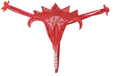 Generisch Lingerie Femme Sex Lingerie Sexy Sous-vêtements de Massage Perles Broderie Fleur String Taille Basse Élastique Séduisant T-shirt Décontracté pour Femmes, Rouge pastèque, taille unique