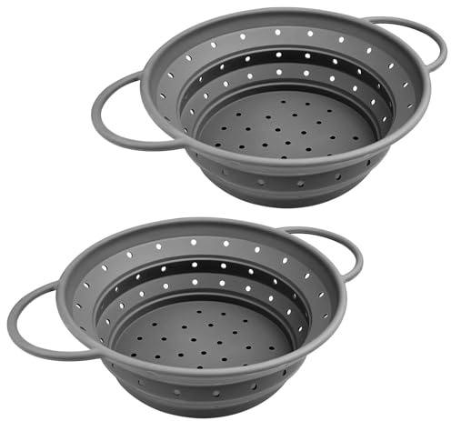 Chiluxendo 2 Pezzi Scolapasta Pieghevole, Scola Pasta con Manico, Scolapasta Silicone, Colino Pieghevole in Silicone, Colino per Pasta, Setacci da Cucina per Scolare e Lavaggio Verdura, Frutta(Grigio)