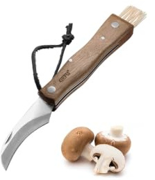 GEFU Silva Couteau à champignon pliant avec brosse, lame incurvée, manche en bois de noyer, bracelet en cuir