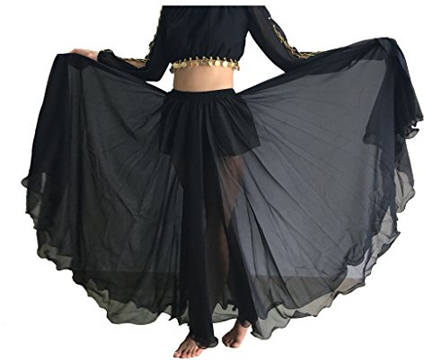Wuchieal Women's Belly Dance Skirt Tribal Chiffon Full Skirt,Praise Dance Skirt,Mexican Skirt, Black, One Size
