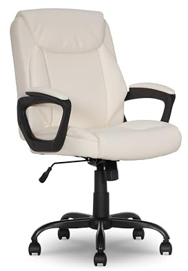 Amazon Basics Classic Puresoft PU Padded Mid-Back Office Chair with Armrest, Height Adjustable, Easy to Assemble, 26D x 23.75W x 42H, Cream