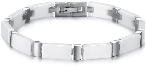 JewelryWe smycke män kvinnor armband, keramik rostfritt stål, kors länk berlock armband partnerarmband, vitt silver