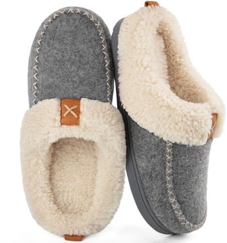 LongBay Womens Felt Sherpa Bedroom Slippers Warm Cozy Wool-Like Moccasin Slippers for Indoor Outdoor Winter Memory Foam House Shoes Slip-On with Fuzzy Plush Lining Grey,7-8