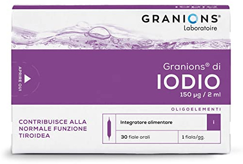 Granions Iodio Integratore 150 µg, Contribuisce alla Normale Funzione Tiroidea, Integratore Alimentare, Metabolismo dei Lipidi, Tiroide, 30 Fiale, Iodio Puro, Durata 1 Mese