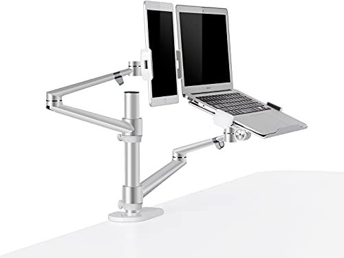 Thingy Club 2-in-1 Dual-Arm-Tablet- und Laptop-Halterung, für Tablets bis zu 30.5 - 43.2 cm (12 - 17 Zoll) und Laptops, extra VESA-Adapter bis zu 68 cm (27 Zoll) Bildschirmdiagonale (silberfarben)