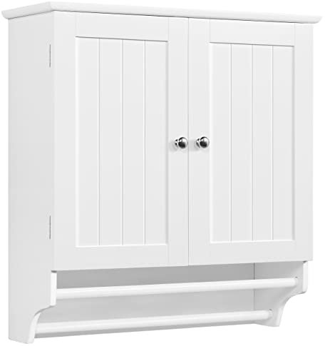 Yaheetech Badezimmerschrank Wandschrank Hängeschrank mit Doppeltür Wandregal Oberschrank mit 2 Handtuchstangen Küchenschrank Aufbewahrungsschrank mit Einlegeboden, Weiß
