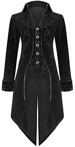 GOLDSTITCH Mens Medieval Steampunk Tailcoat Velvet Victorian Gothic Vintage Frock Halloween Costume Coat Black M