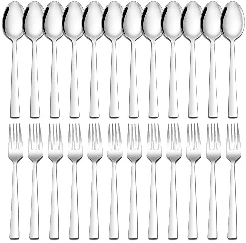 Gabeln und Löffel Set, Herogo 24 Stück Edelstahl Tafellöffel und Tafelgabeln, Silber Besteck Set für Zuhause/Restaurant, 12 Esslöffel und 12 Gabel, Gesund & Langlebig, Spülmaschinenfest