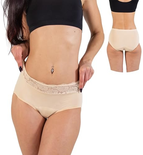 HEMSLEY Mutande Mestruali Donna Flusso Abbondante - Slip Mestruali Donna - Mutandine Mestruale Anti-Perdita e Traspiranti - Slip Ciclo Mestruale con Pizzo Elegante - Nuda - 38