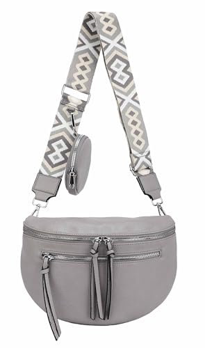 ITALYSHOP24 Damen Tasche Umhängetasche Brusttasche Muster Gürtel Bauchtasche Crossbody Gürteltasche Hüfttasche Crossover Bodybag Schultertasche Handytasche Leder Optik Grau