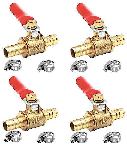 GOIYZTTR 4 Stück 10mm Kugelventil aus Messing mit Widerhaken Kugelhahn Absperrventil mit 8 Stück Klemmen für Luft Gas Und Kraftstoffleitung Absperrung