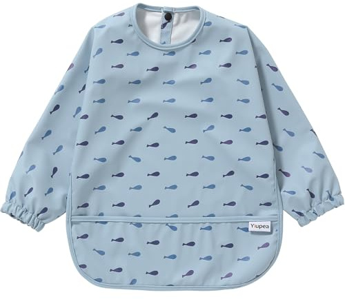 Yiupea Bavoir Bébé Anti-Désordre à Manches Longues – Lavable en Machine et Imperméable et 6 à 24 Mois pour le Sevrage BLW de Bébé, Bavoirs de Combinaison pour L'alimentation de Bébé-Bleu