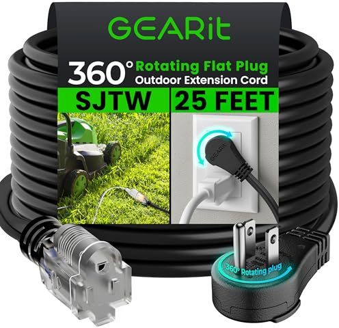 GEARit 16 Gauge Extension Cord 25ft Black Outdoor 16/3 SJTW Rotating Plug