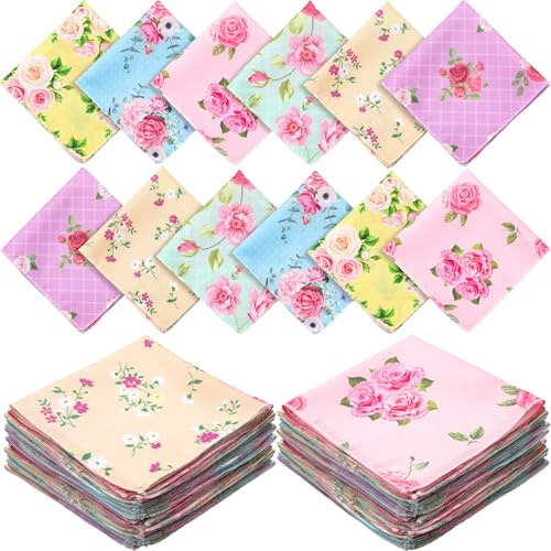 SmoothNovelty 36 Pcs Vintage Floral Handkerchiefs for Women Tea Party Favors, 11 x 11 Inches Vintage Rose Ladies Hankies for Gifting Weddings Home Decor