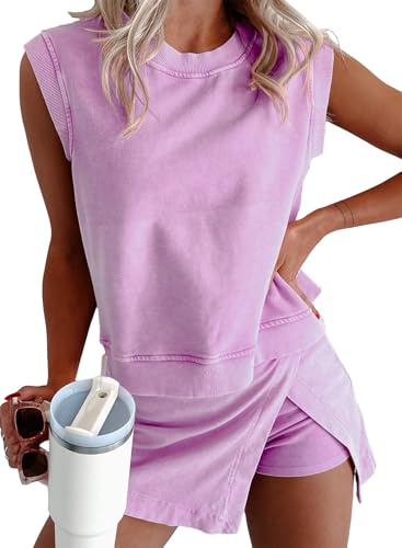 KevaMolly Women 2pc Mineral Wash Athletic Lounge Tank Skirt Set Orchid S | Soft mineral wash cotton,Breathable.Relaxed lined split skirt.Ideal for travel,lounge,gym,workout casual daily wear