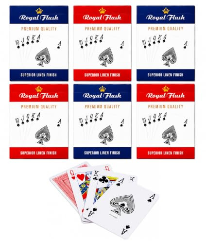 Royal Playing Cards, 6 Decks, Superior Linen Finish, Standard Index, Poker Size, Casino Grade, Easy To Shuffle & Durable, Red & Blue